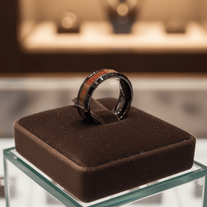 WARDEN — Premium boutique display on velvet — men's tungsten wedding ring.