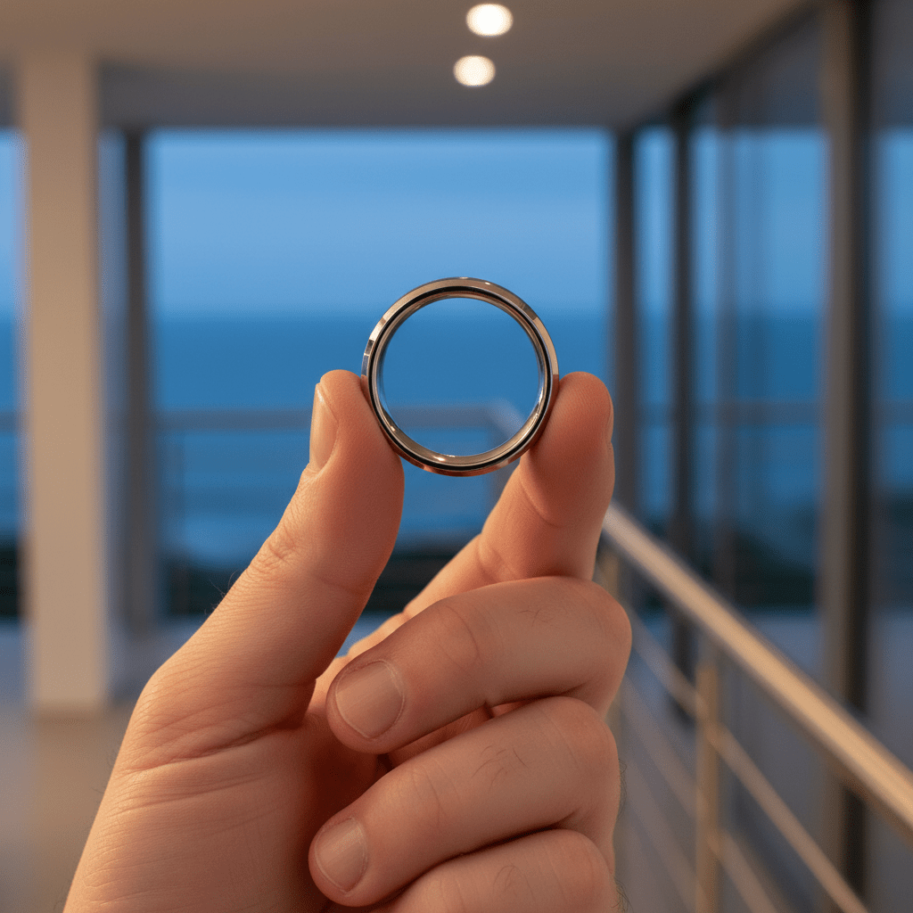 WAYLON — Held between fingers close-up — men's tungsten wedding ring.