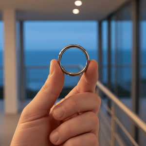 WAYLON — Held between fingers close-up — men's tungsten wedding ring.