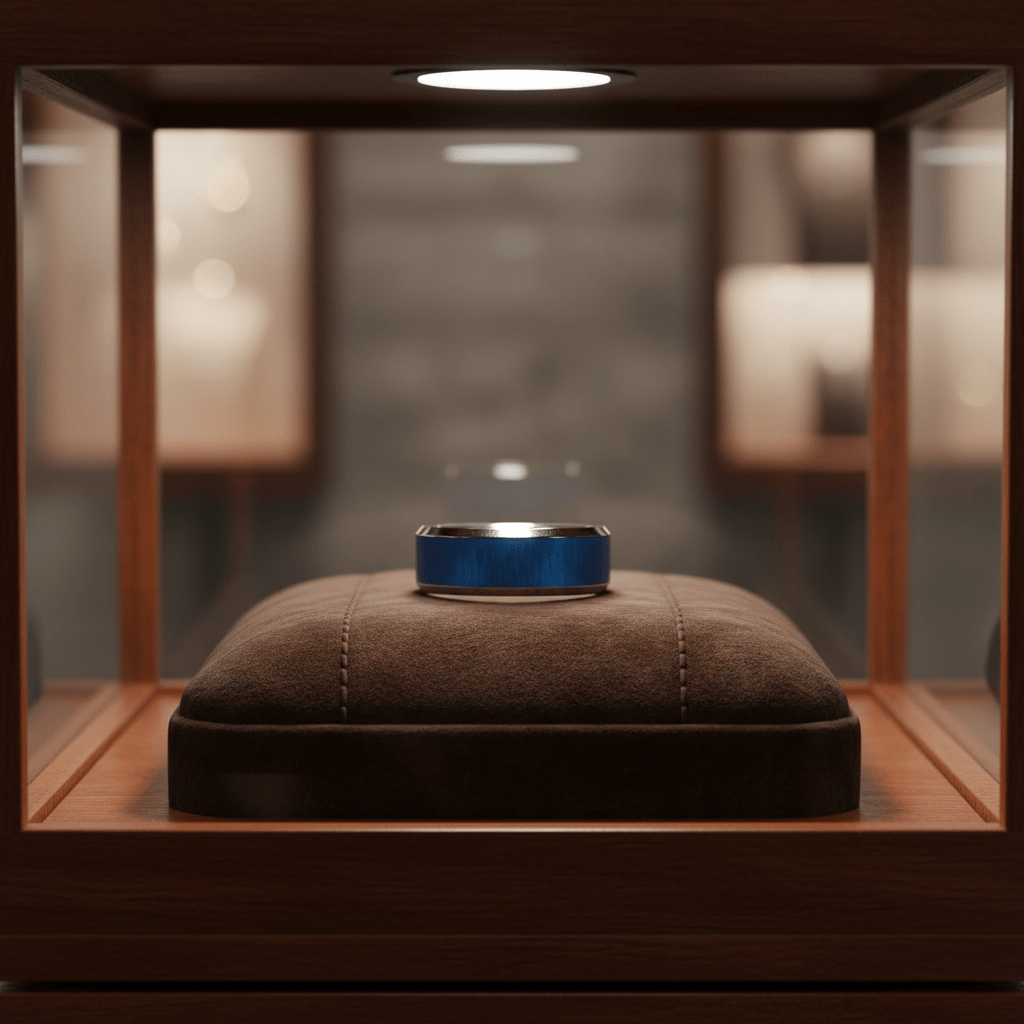 WAYLON — Premium boutique display on velvet — men's tungsten wedding ring.