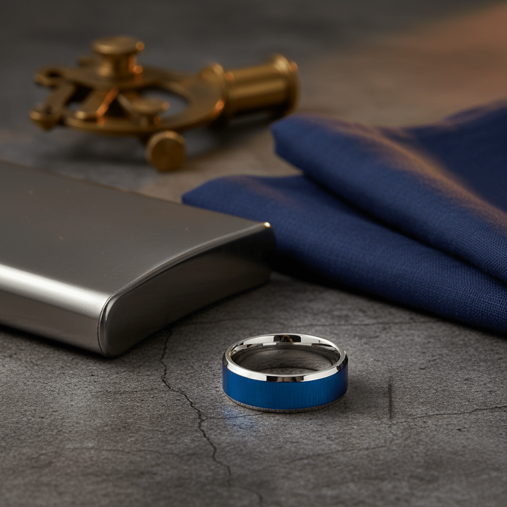 WAYLON — Editorial masculine still life — men's tungsten wedding ring.