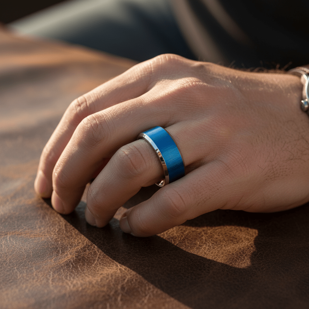 WAYLON — Lifestyle photo on hand — men's tungsten wedding ring.