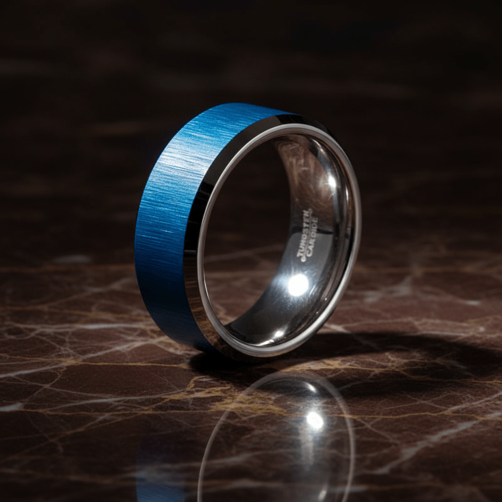 WAYLON — Luxury 3/4 angle on dark marble — men's tungsten wedding ring.