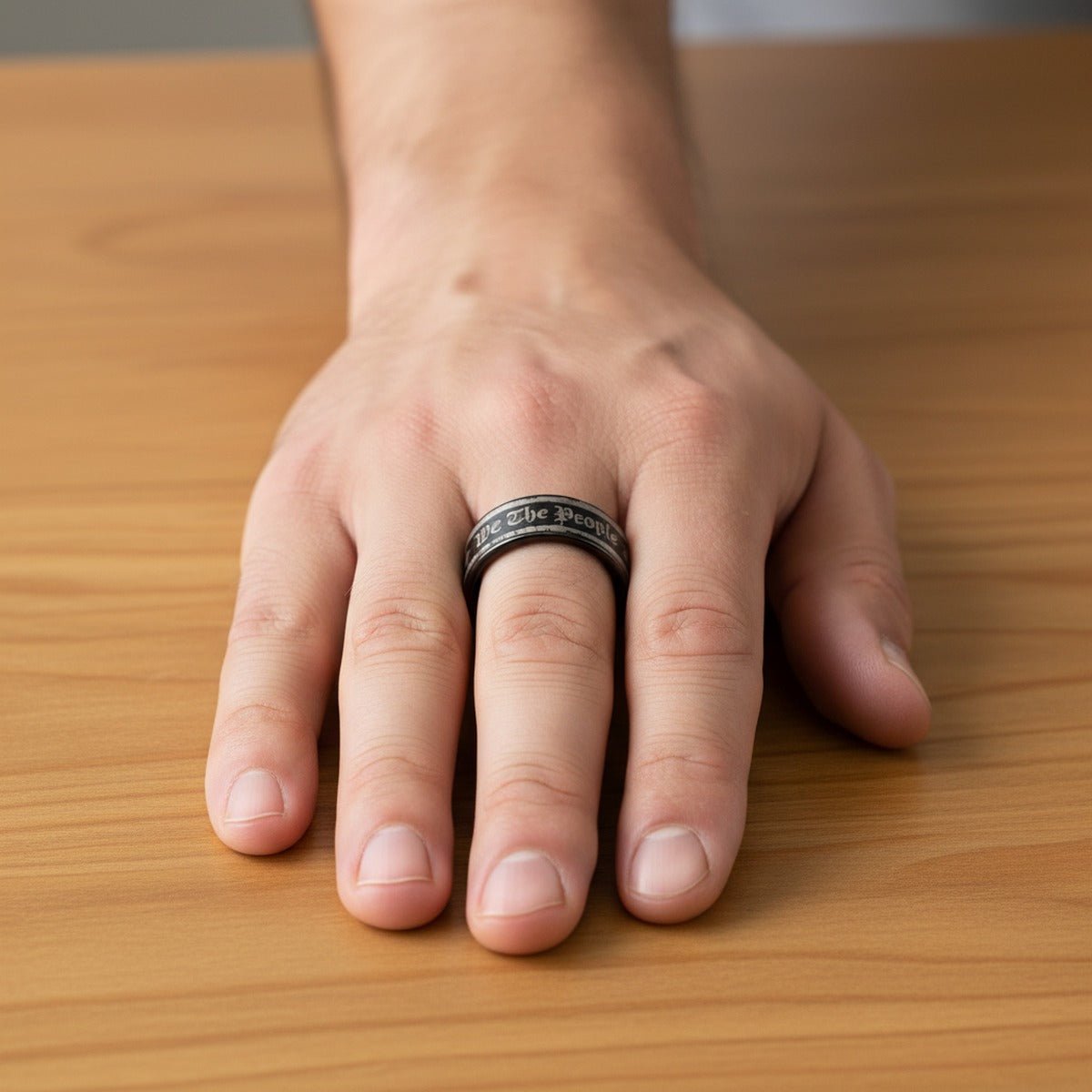 WE THE PEOPLE black tungsten carbide ring, hand lifestyle