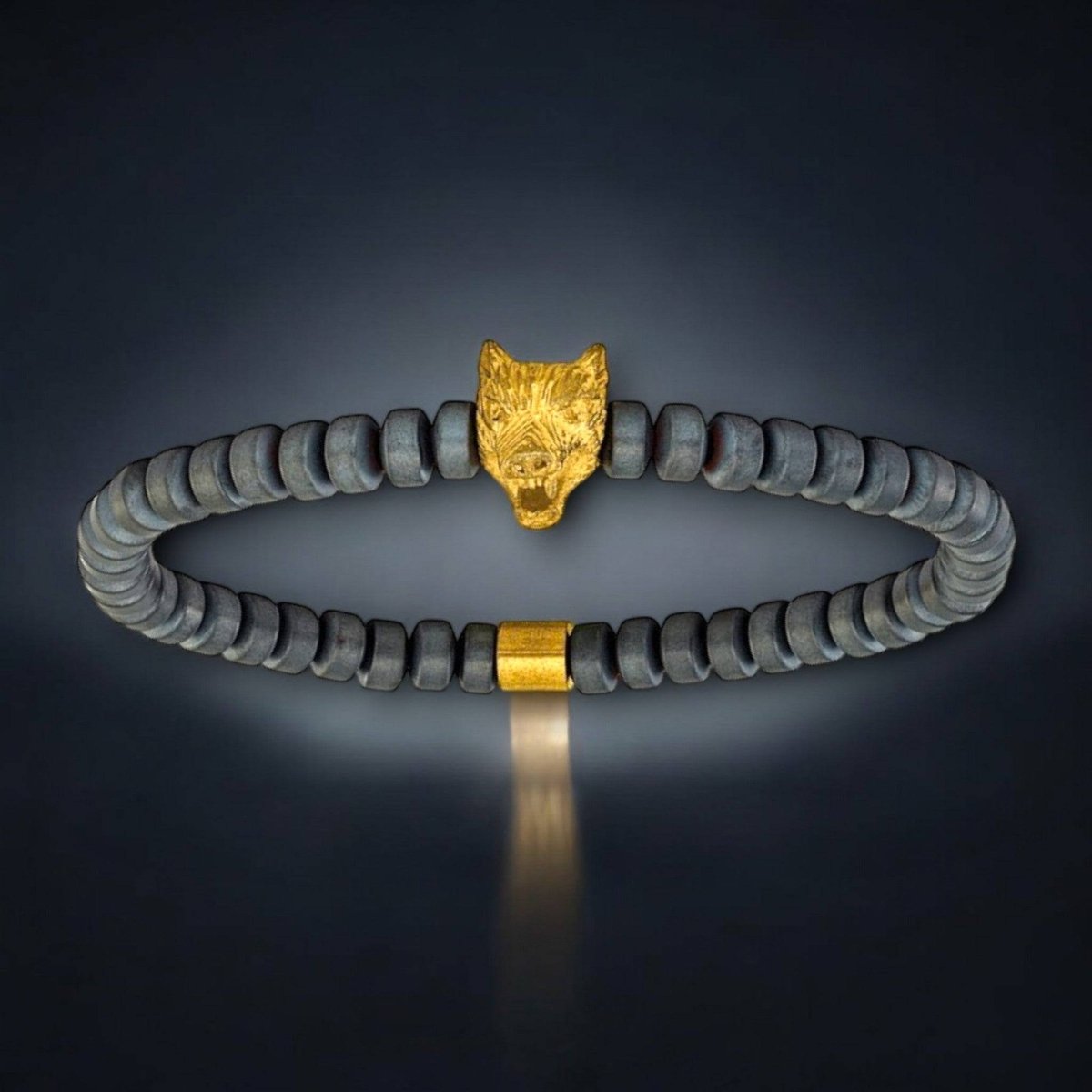 Men's Hematite Beaded Bracelet with Yellow IP-Plated Wolf Head Charm