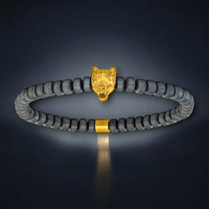 Men's Hematite Beaded Bracelet with Yellow IP-Plated Wolf Head Charm