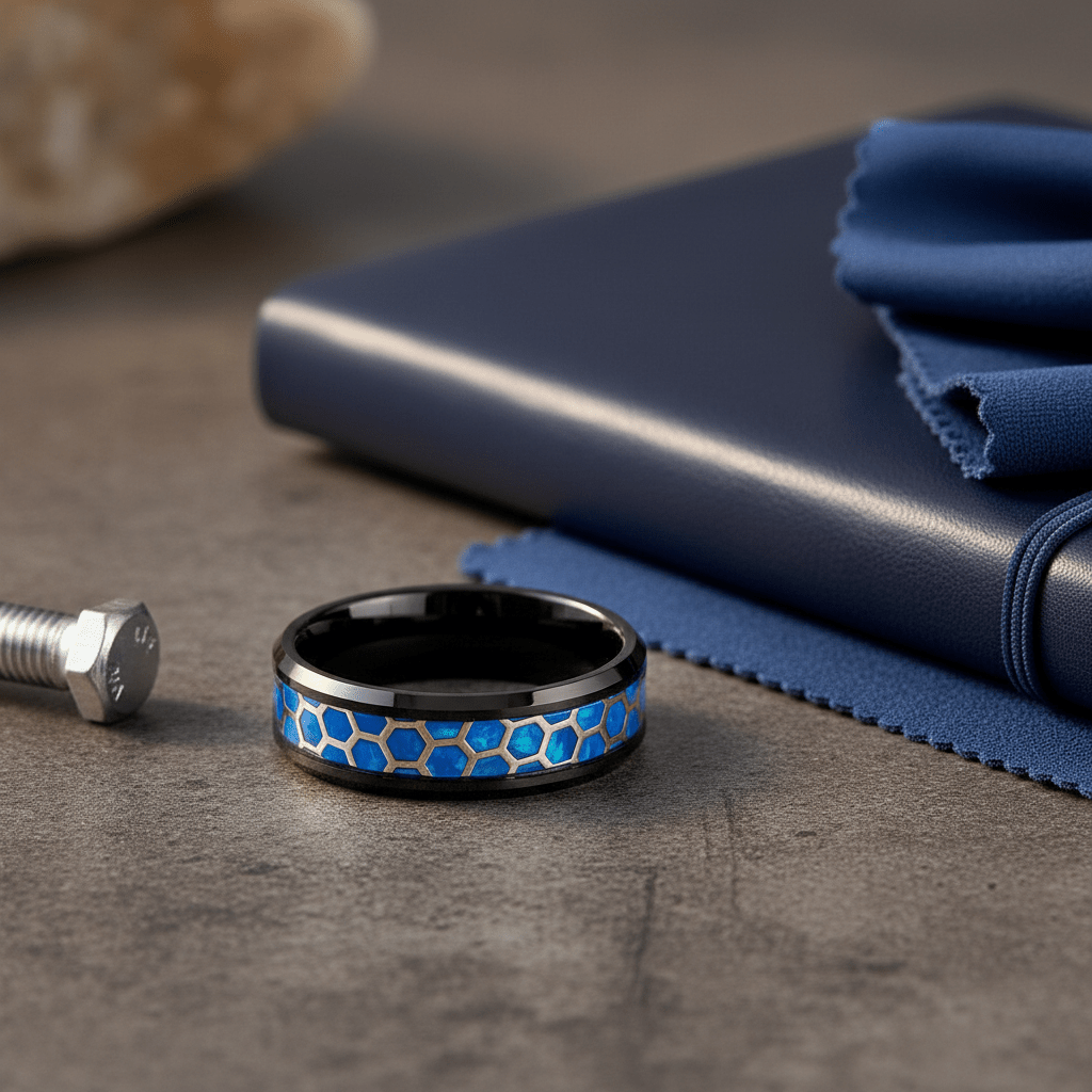 YANKTON — Editorial masculine still life — men's tungsten wedding ring.