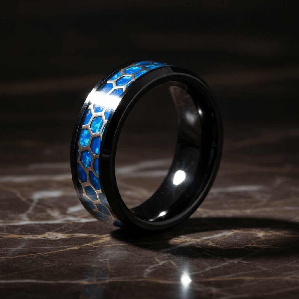 YANKTON — Luxury 3/4 angle on dark marble — men's tungsten wedding ring.