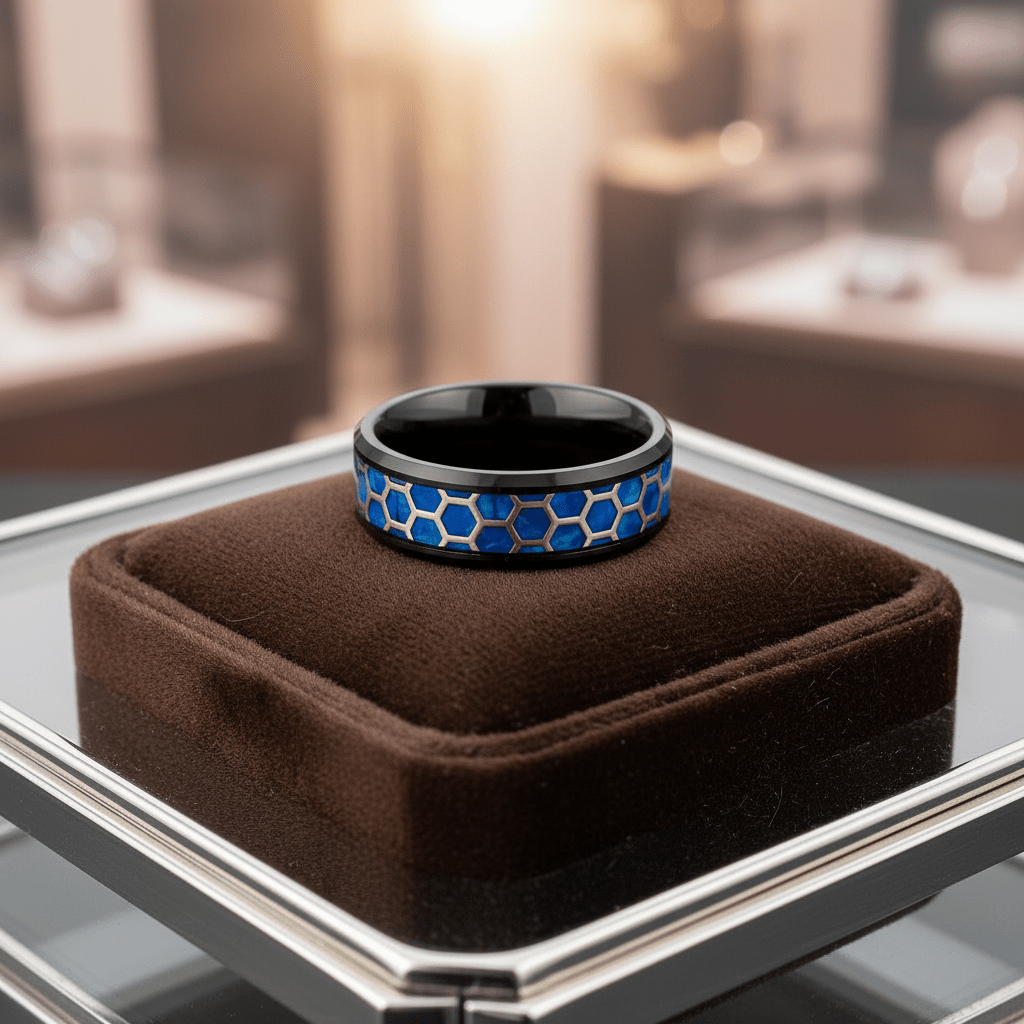 YANKTON — Premium boutique display on velvet — men's tungsten wedding ring.