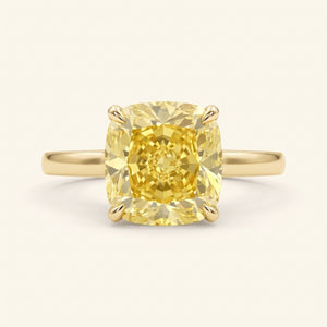 Yellow Cushion lab-grown diamond solitaire engagement ring, Yellow Gold, face-on detail macro