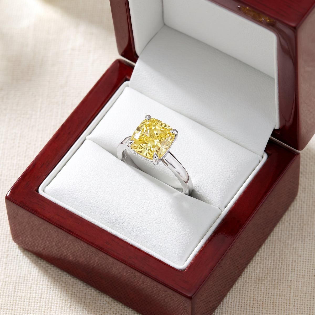 Yellow Cushion lab-grown diamond solitaire engagement ring, 925 Sterling Silver, in cherry-wood ring box