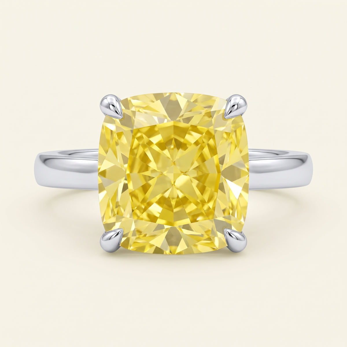 Yellow Cushion lab-grown diamond solitaire engagement ring, 925 Sterling Silver, face-on detail macro