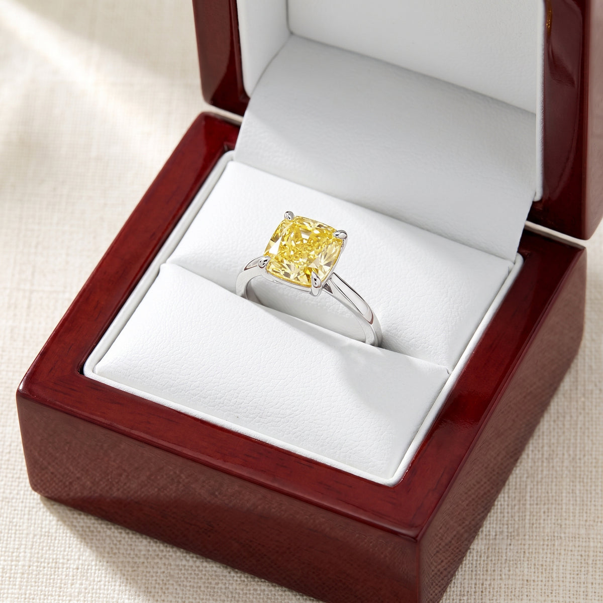 Yellow Cushion lab-grown diamond solitaire engagement ring, White Gold, in cherry-wood ring box