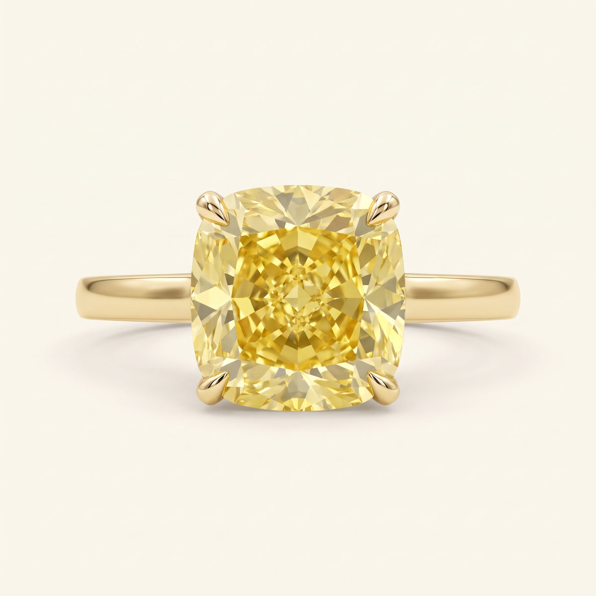 Yellow Cushion lab-grown diamond solitaire engagement ring, Yellow Gold, face-on detail macro
