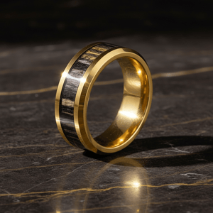 ZEBROSTA — Luxury 3/4 angle on dark marble — men's tungsten wedding ring.
