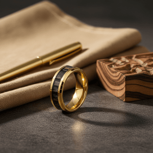 ZEBROSTA — Editorial masculine still life — men's tungsten wedding ring.