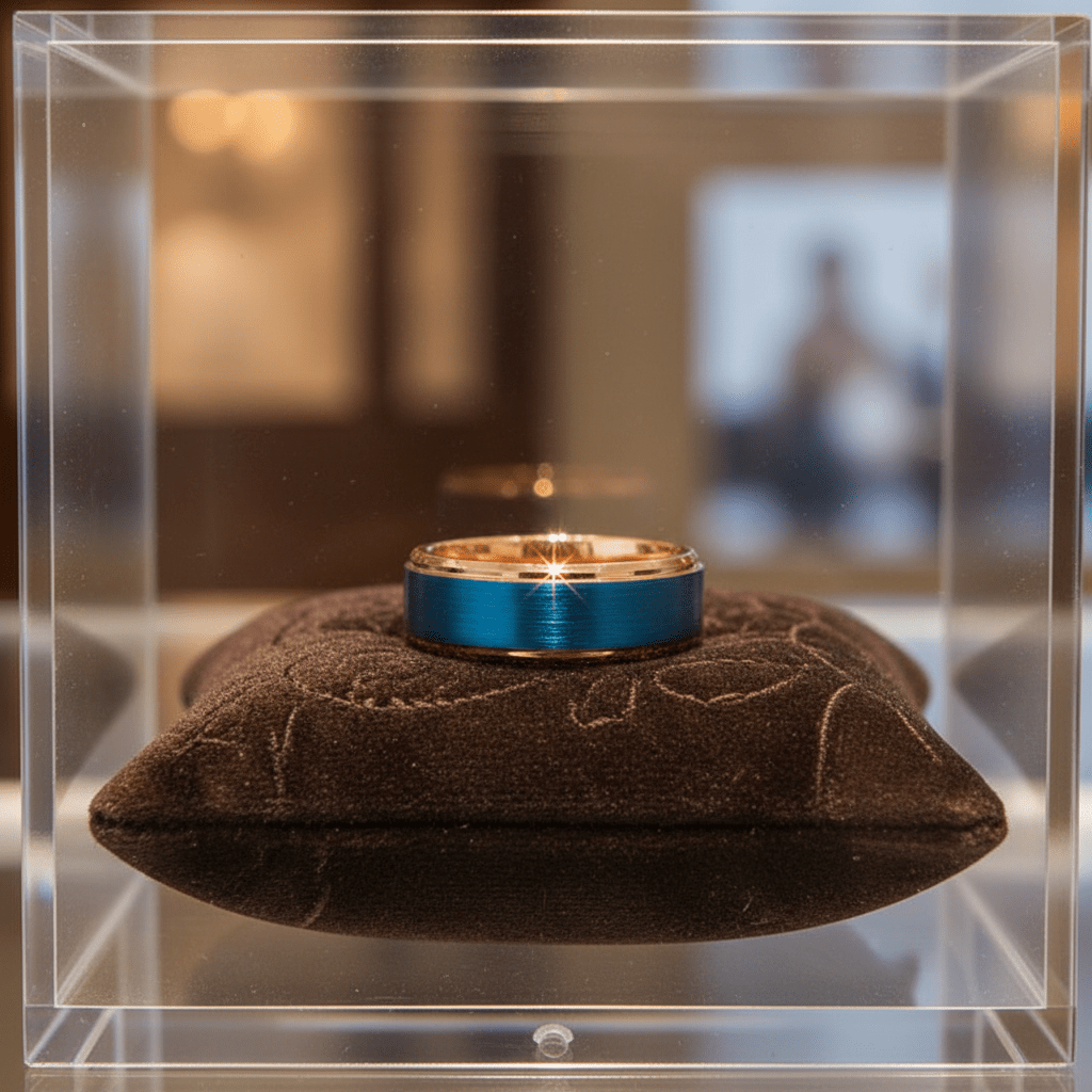 ZION — Premium boutique display on velvet — men's tungsten wedding ring.
