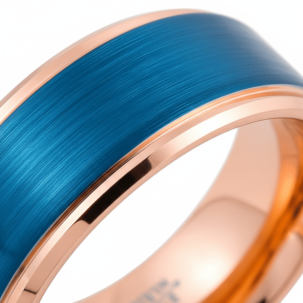 ZION — Extreme macro detail — men's tungsten wedding ring.