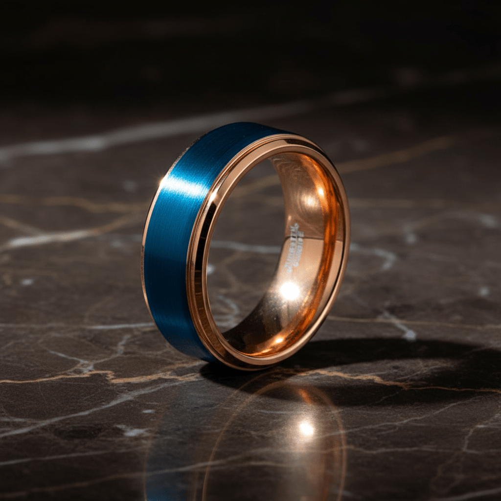 ZION — Luxury 3/4 angle on dark marble — men's tungsten wedding ring.