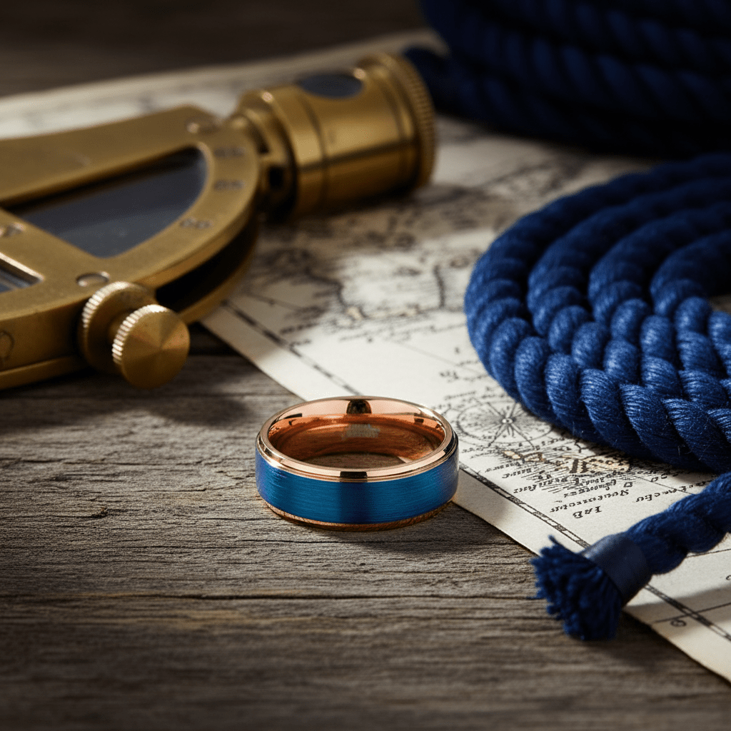 ZION — Editorial masculine still life — men's tungsten wedding ring.