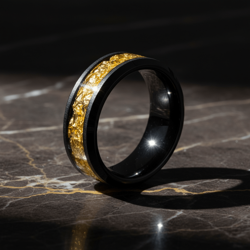 ZORYN — Luxury 3/4 angle on dark marble — men's tungsten wedding ring.