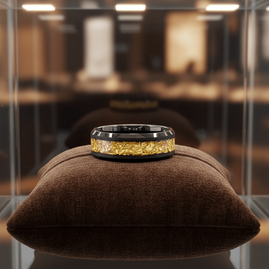 ZORYN — Premium boutique display on velvet — men's tungsten wedding ring.