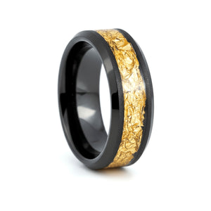 ZORYN black tungsten wedding ring with gold foil inlay and beveled edges - front view