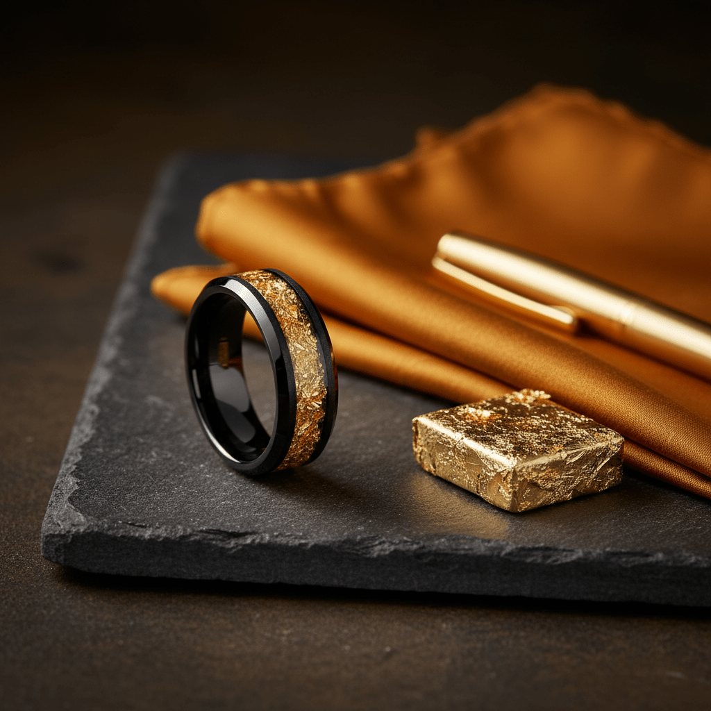 ZORYN — Editorial masculine still life — men's tungsten wedding ring.