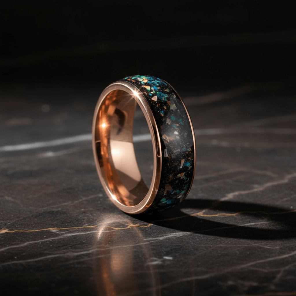 ZUFAR — Luxury 3/4 angle on dark marble — men's tungsten wedding ring.