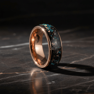 ZUFAR — Luxury 3/4 angle on dark marble — men's tungsten wedding ring.