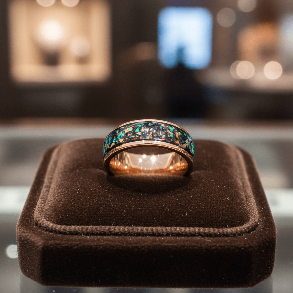 ZUFAR — Premium boutique display on velvet — men's tungsten wedding ring.