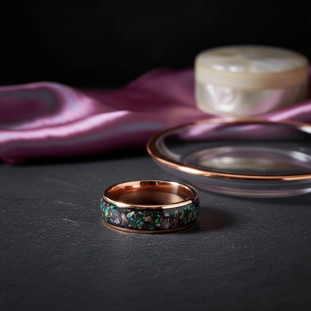 ZUFAR — Editorial masculine still life — men's tungsten wedding ring.