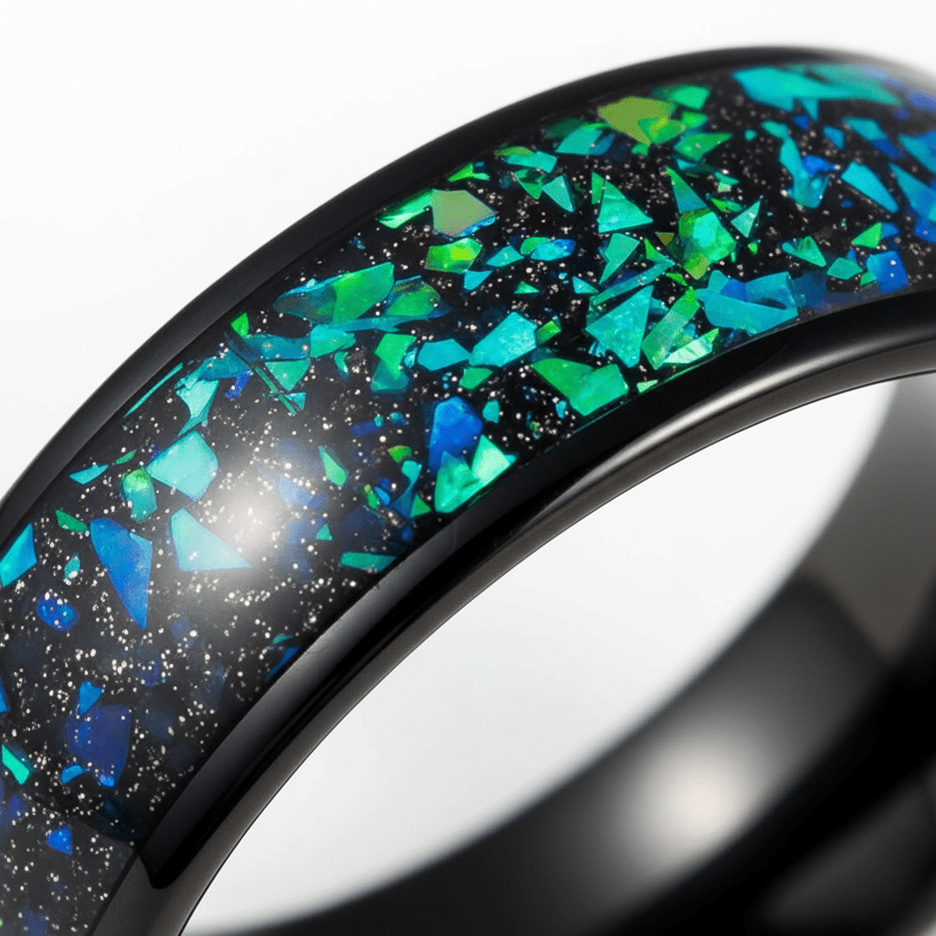 ZURLOU — Extreme macro detail — men's tungsten wedding ring.