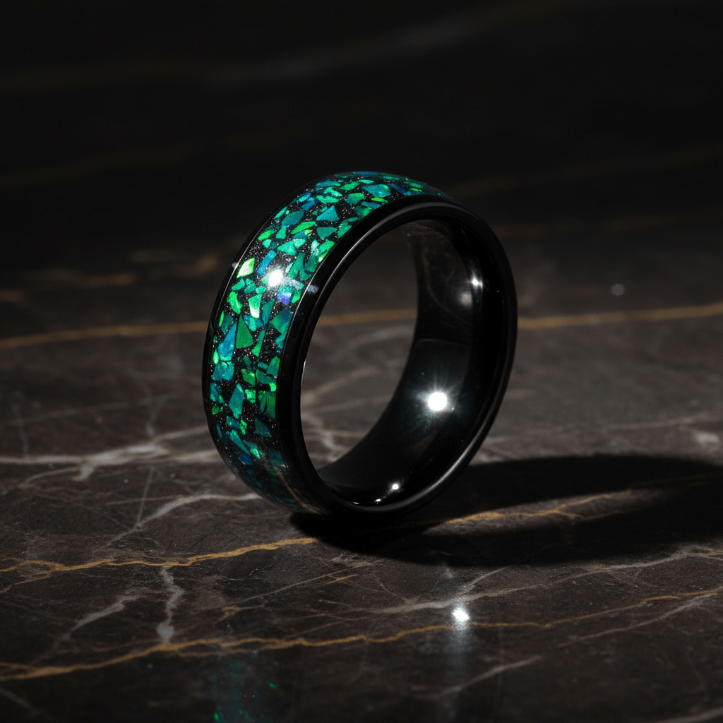 ZURLOU — Luxury 3/4 angle on dark marble — men's tungsten wedding ring.