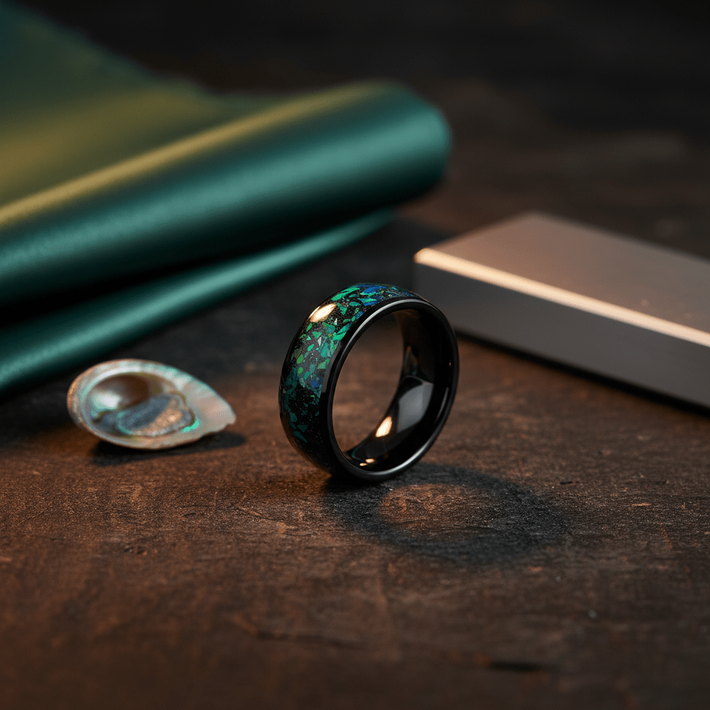 ZURLOU — Editorial masculine still life — men's tungsten wedding ring.