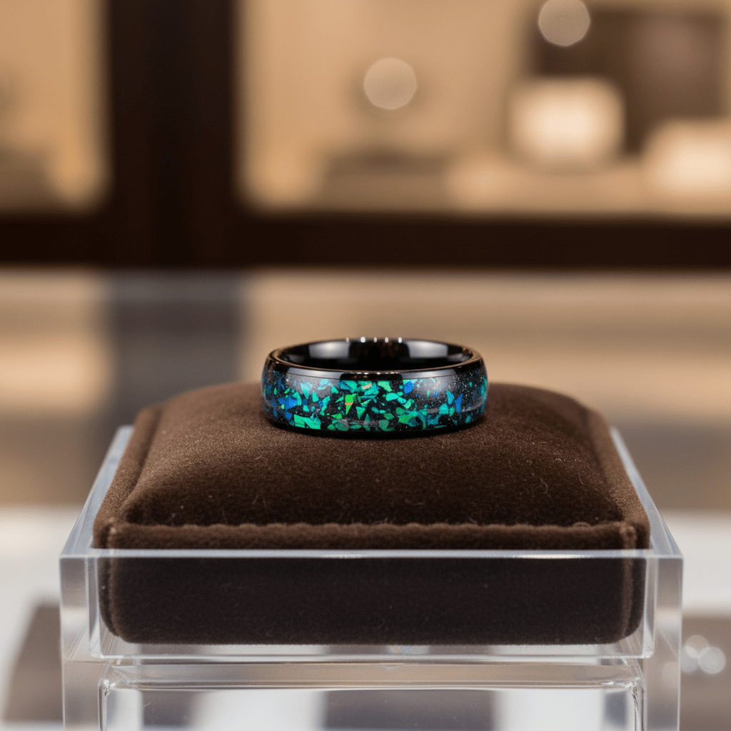 ZURLOU — Premium boutique display on velvet — men's tungsten wedding ring.