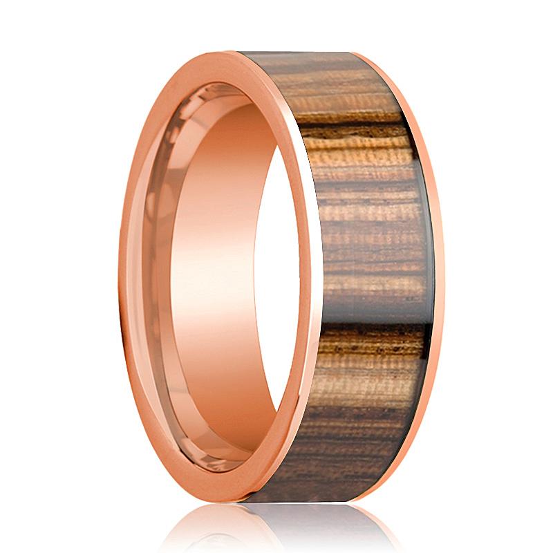 Zebra Wood inlay 14k rose gold wedding band 8mm, top view