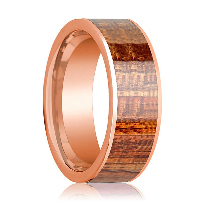 Mahogany inlay 14k rose gold wedding band, top view