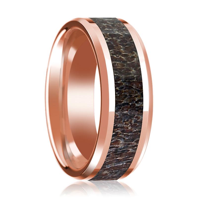 Deer Antler inlay 14k rose gold wedding band, top view
