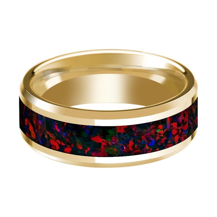 14K Yellow Gold Polished Beveled Wedding Ring Black and Red Opal Inlay - Rings - Aydins Jewelry - 2