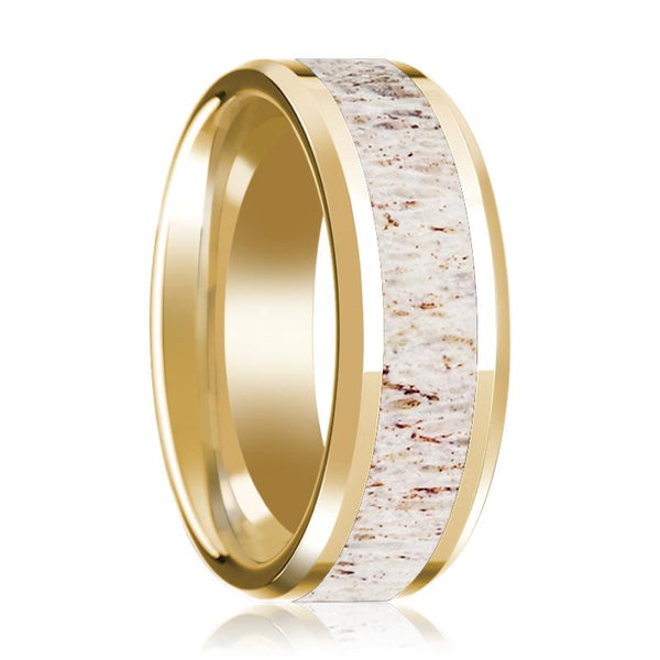14k Yellow Gold Polished Wedding Band with White Deer Antler Inlay & Beveled Edges - 8MM - Rings - Aydins Jewelry - 1