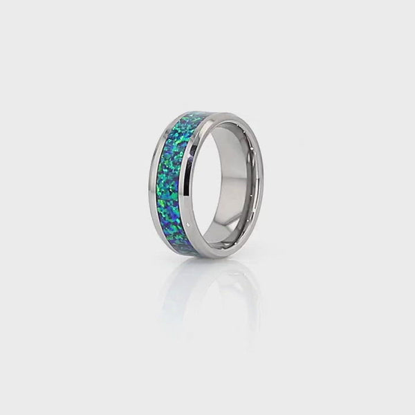 Men's Tungsten Beveled Wedding Band with Emerald Green and Sapphire Blue Opal Inlay