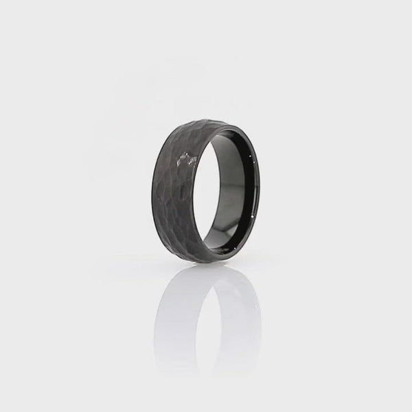 BRUTE | Black Tungsten Ring, Hammered, Domed