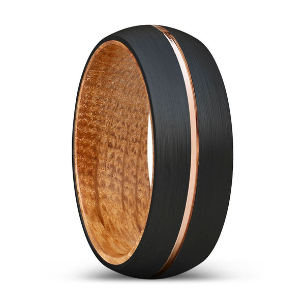 ACALETA | Whiskey Barrel Wood, Black Tungsten Ring, Rose Gold Groove, Domed - Rings - Aydins Jewelry - 1