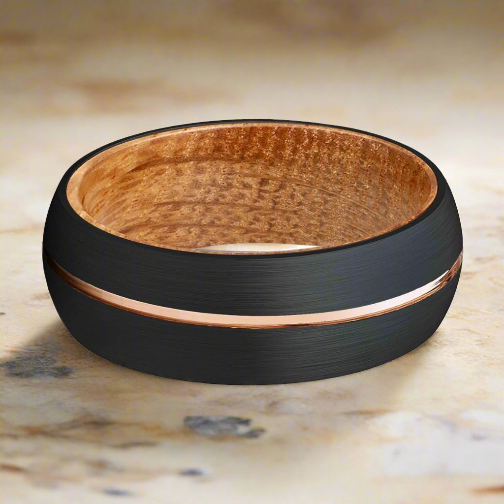 ACALETA | Whiskey Barrel Wood, Black Tungsten Ring, Rose Gold Groove, Domed - Rings - Aydins Jewelry - 1