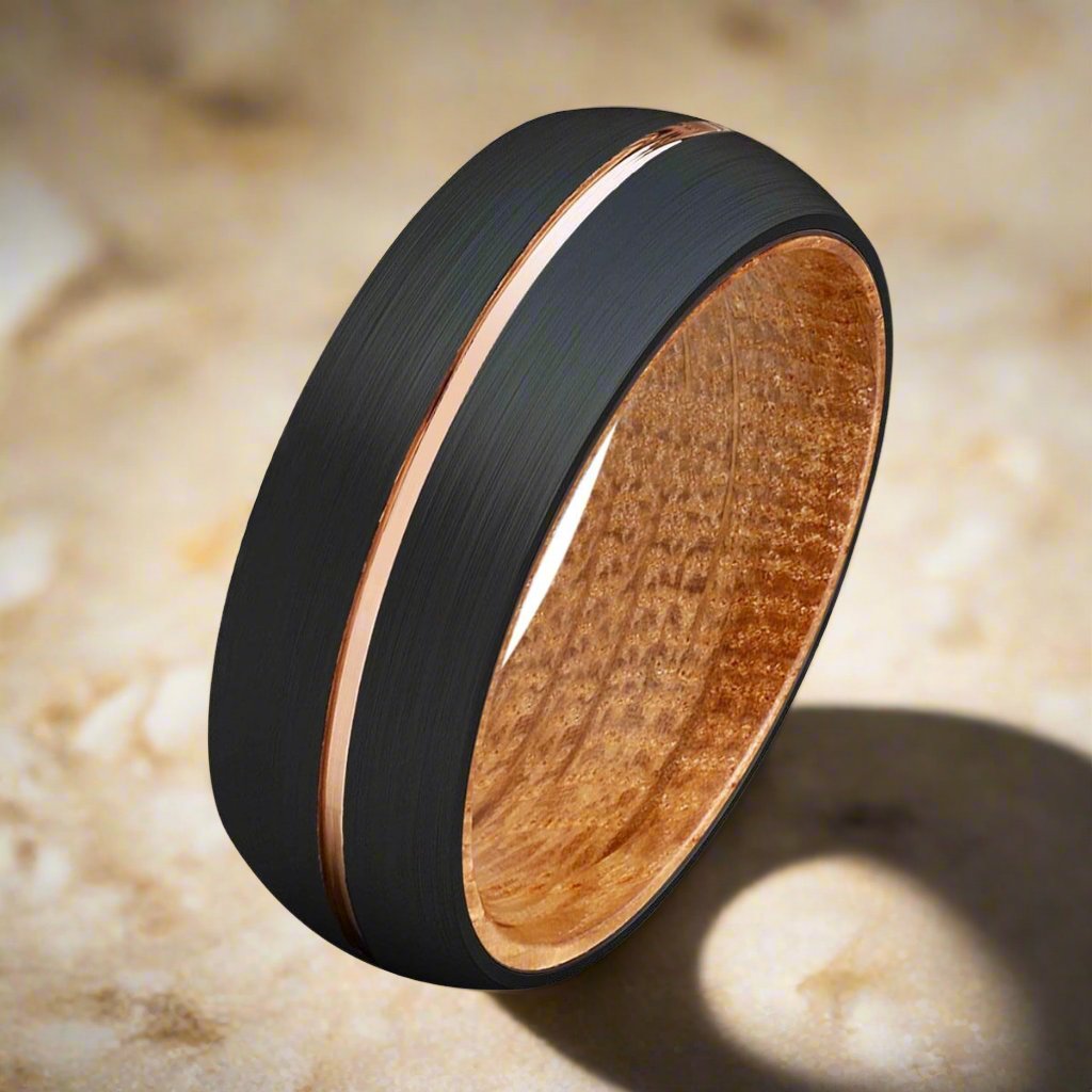 ACALETA | Whiskey Barrel Wood, Black Tungsten Ring, Rose Gold Groove, Domed - Rings - Aydins Jewelry - 2
