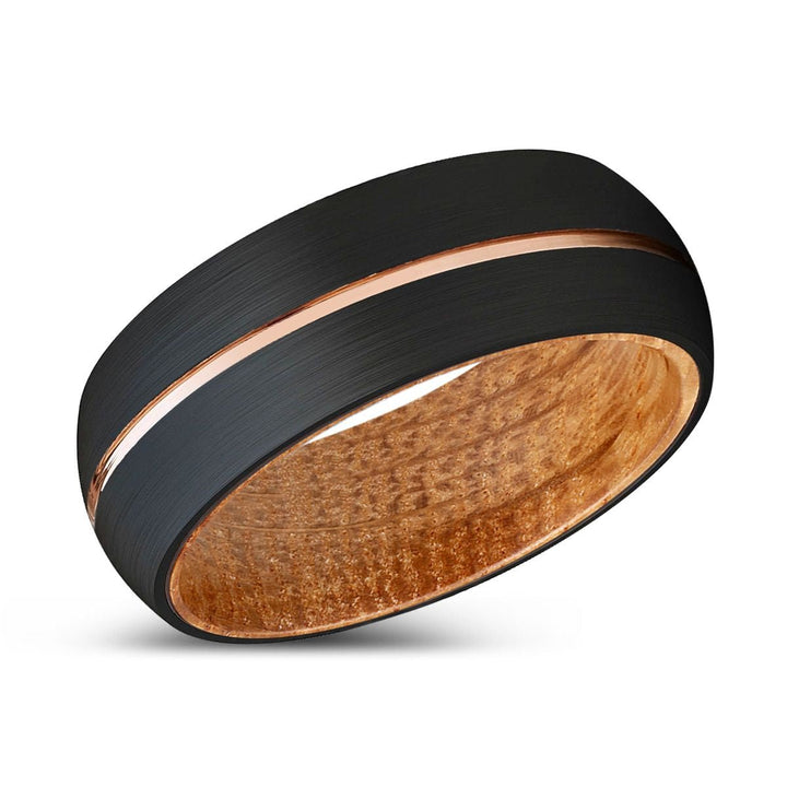 ACALETA | Whiskey Barrel Wood, Black Tungsten Ring, Rose Gold Groove, Domed - Rings - Aydins Jewelry - 2