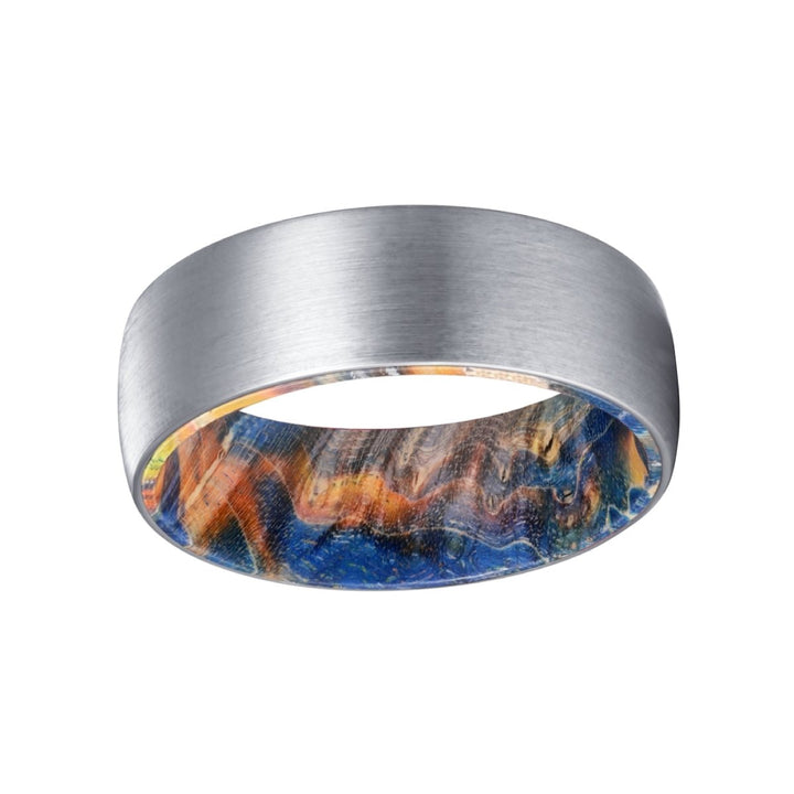 ACE | Blue & Yellow/Orange Wood, Silver Tungsten Ring, Brushed, Domed - Rings - Aydins Jewelry - 2