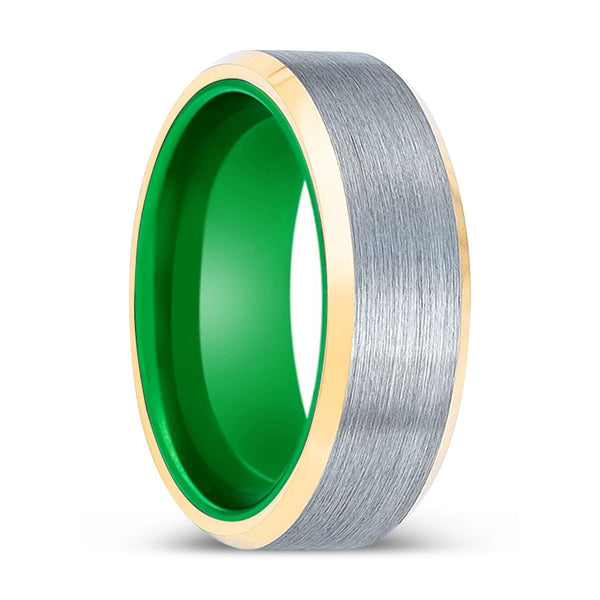 ACES | Green Ring, Brushed, Silver Tungsten Ring, Gold Beveled Edges - Rings - Aydins Jewelry - 1
