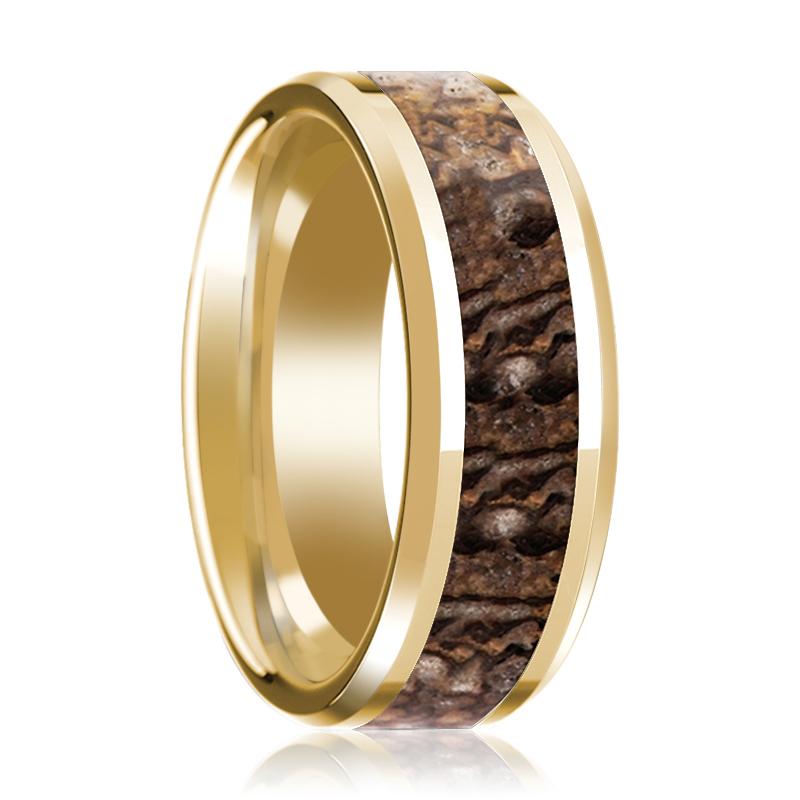 Dinosaur Bone inlay 14k yellow gold wedding band, top view